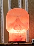 Handgemaakte Skull Sculptuur Himalaya Zoutlamp – 22 cm – 2 KG – Dimfunctie – Acaciahouten Voet – Sfeerlamp