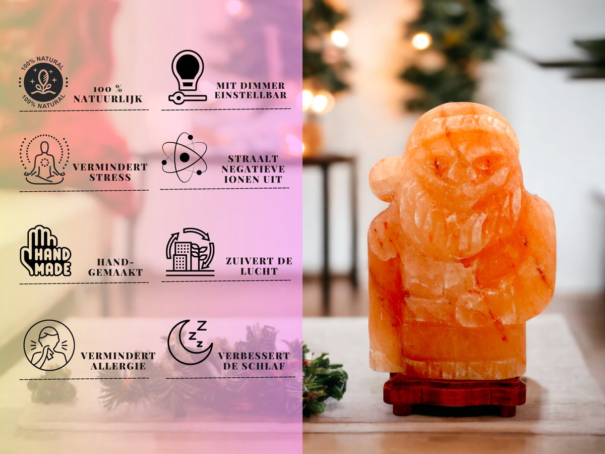 Handgemaakte Santa Claus Sculptuur Himalaya Zoutlamp – 30 cm – 7 KG – Dimfunctie