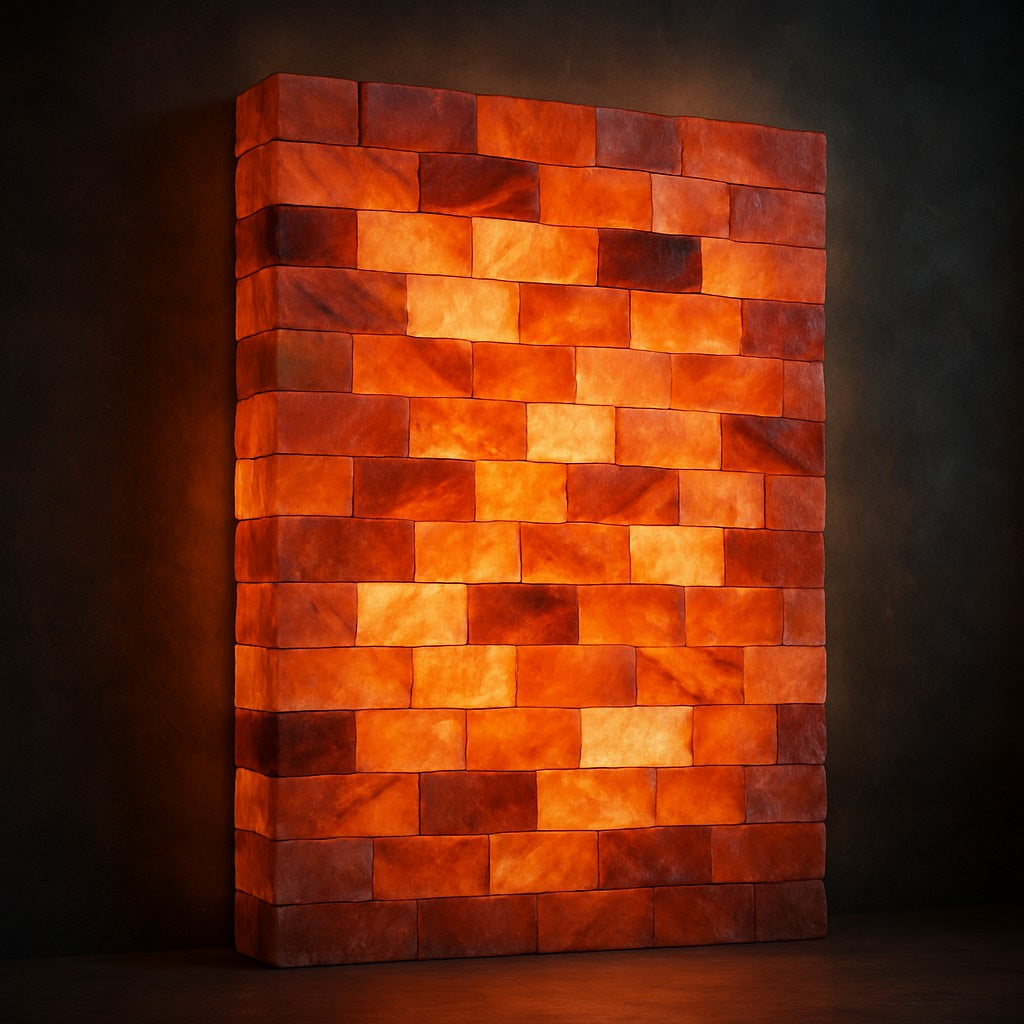Decoratieve Himalaya zoutmuur van PinkGold met warme gloed, perfect voor wellness of interieuraccent.