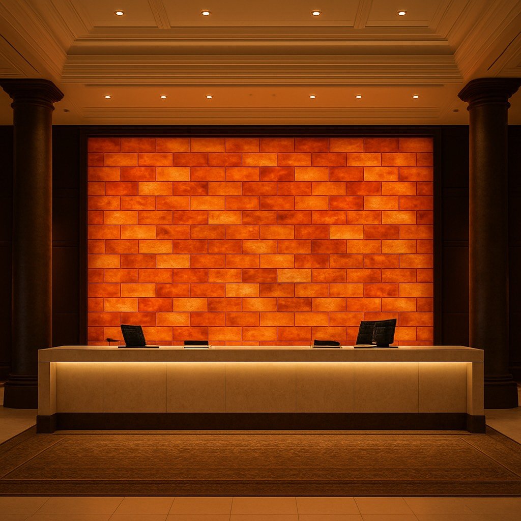 Wellnessruimte met een verlichte Himalaya zoutmuur en houten interieur