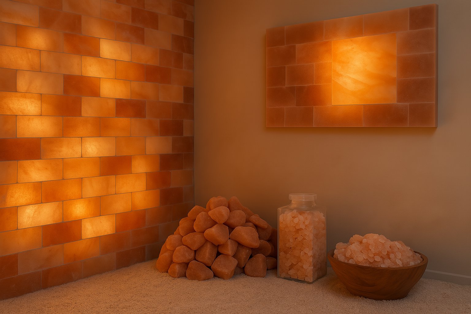 Stijlvolle Himalaya zoutmuur van PinkGold met zachte verlichting als natuurlijk interieuraccent Zoutgroot.