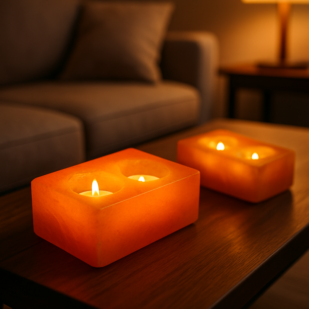 Brandende zoutstenen waxinelichthouders met warme amberkleurige gloed