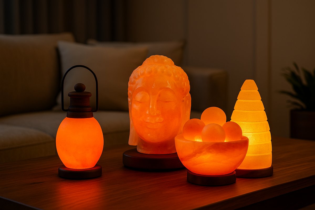 PINKGOLD Himalaya zoutlampen in diverse vormen op een houten tafel met warme sfeerverlichting.