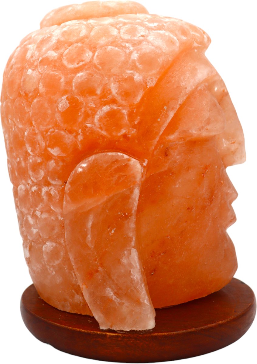 Detail van de Buddha Head Himalaya zoutlamp met zachte gloed