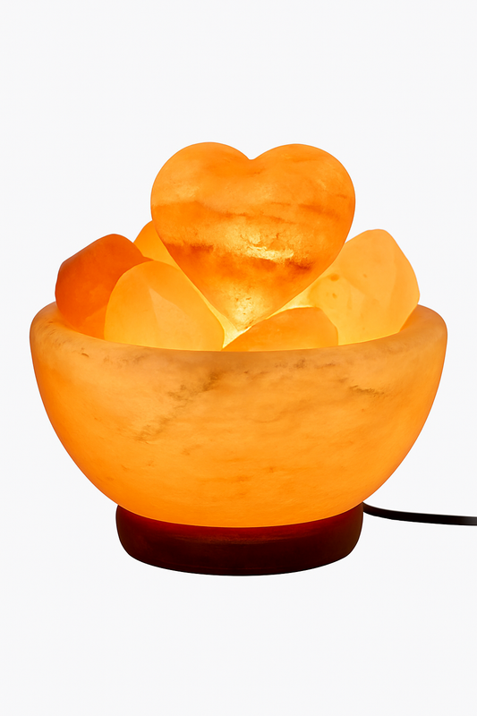Zoutlamp – Schaal met Hartvormige Stenen – Met Dimmer & E14 Lamp – Uniek Cadeau
