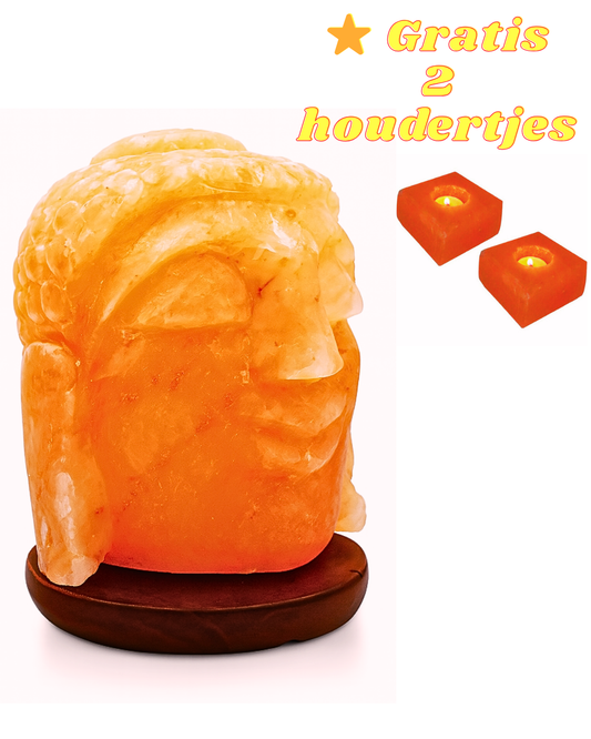 Handgemaakte Boeddha Hoofd Himalaya Zoutlamp – 25 cm – 9 KG – Inclusief 2 Gratis Zout Theelichthouders